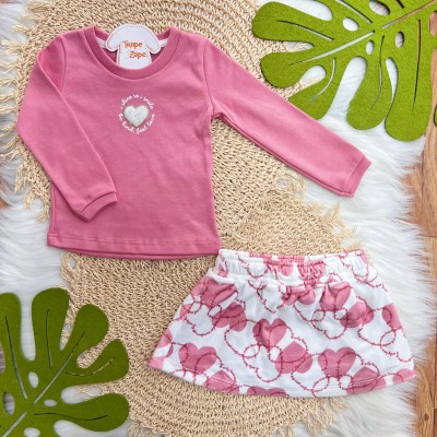 Conj. Blusa I Shine I Smile e Short Saia Corações em Plush - Rosa